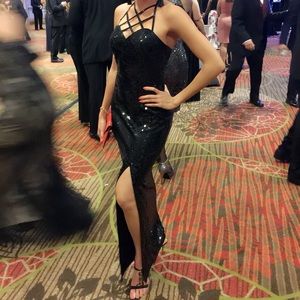 Adrianna Papel black sequin evening gown